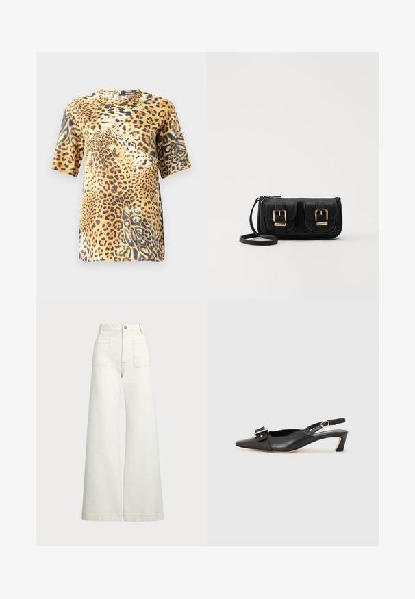 Leopard print short-sleeve blouse features a round neck, soft fabric, and a loose fit, showcasing various shades of brown and black patterns.; Wide-leg jeans in off-white denim. High-waisted design with a button closure, two front pockets, and contrast stitching details.; Black leather slingback shoe with pointed toe, small heel, and decorative buckle detail on the upper. Smooth texture, minimalistic design.; Black leather crossbody bag with two front pockets, gold buckles, zipper closure, and a slim strap. Textured surface and compact rectangular shape.