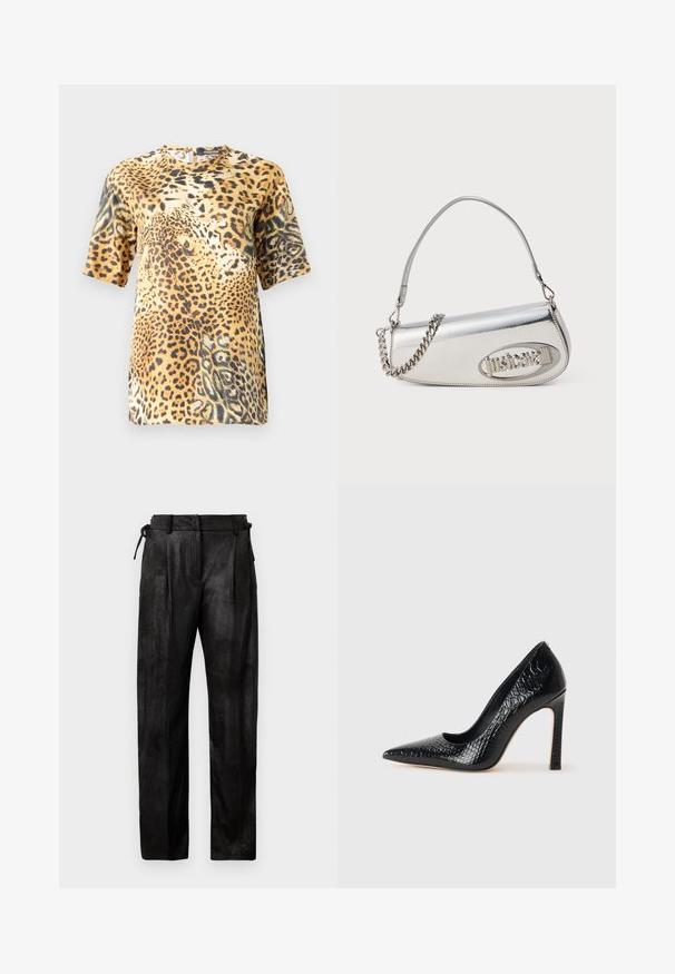 Halenka s krátkým rukávem v leopardím vzoru má kulatý výstřih, měkkou tkaninu a volný střih, přičemž zobrazuje různé odstíny hnědé a černé.; Černé kalhoty s vysokým pasem vyrobené z texturovaného materiálu. Mají rovný střih, sklady a nastavitelnou šňůrku v pase.; Černý lodičkový bot s špičatou špičkou, pokrytý texturou krokodýlí kůže, s elegantním designem, vysokým stiletto podpatkem a hladkým černým interiérem.; Stříbrná metalická kabelka s zaobleným trojúhelníkovým tvarem, obsahující logo, řetízkový popruh a hladký povrch. Uzávěr na zip na boku.