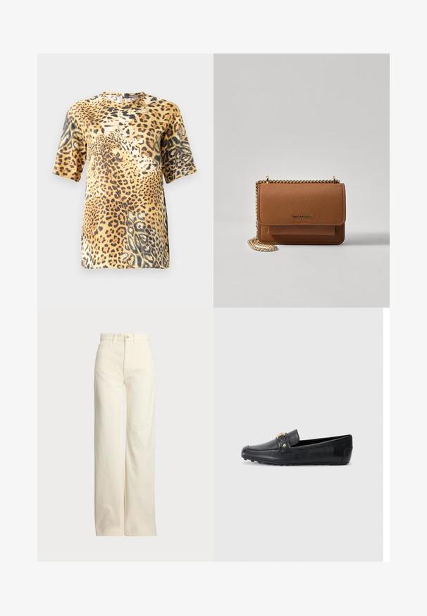 Leopard print short-sleeve blouse features a round neck, soft fabric, and a loose fit, showcasing various shades of brown and black patterns.; Polo Ralph Lauren COTTON CORDUROY WIDE-LEG PANT - Trousers - warm white; Black leather loafers with a flat design, rounded toe, and decorative gold-toned hardware on the strap. Textured rubber sole.; Brown textured leather crossbody bag with gold chain strap and flap closure. Front features logo detail and a pocket under the flap.