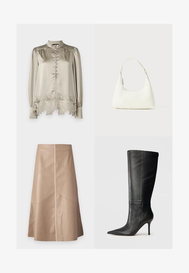 Bruuns Bazaar ACACIABBKATARA BLOUSE - Pluus - plaza taupe; Beež faux nahast A-line seelik peente paneelide detailide ja sileda mati viimistlusega, põlveni ja kõrge taljega.; Mustad nahast kuni põlveni ulatuv saabas terava ninaga ja kitsa tikk-kandaga, siledate tekstuuriga, külgprofiil neutraalsel taustal.; Väike valge õlakott, millel on üks reguleeritav rihm ja lukuga sulgemine, asetatuna ühtlasele valgele taustale.