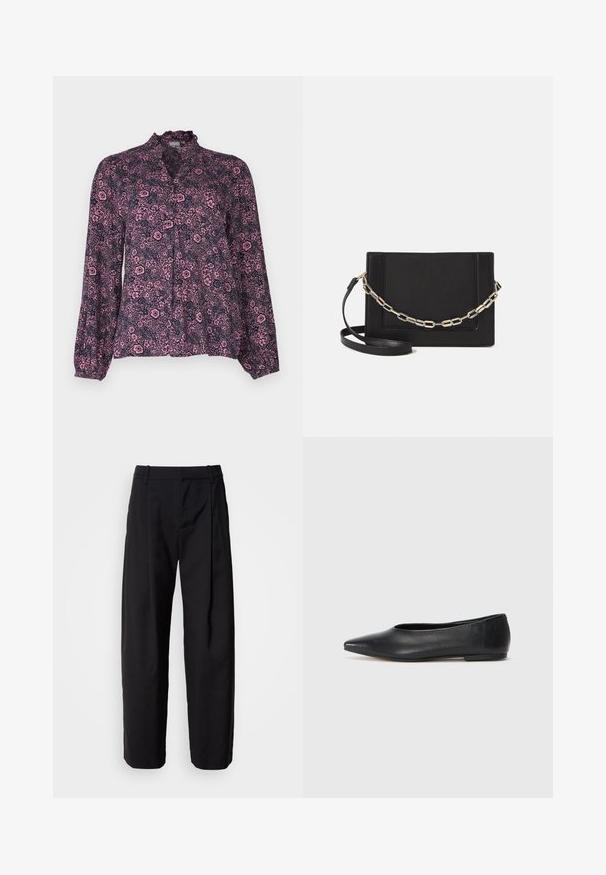 Lillelisees sinistes ja roosades toonides lillemustriga pluus, millel on volangkaelus, nööbistamine ja pika, koondatud varrukaga, mis on laia lõikega.; Mustad püksid, millel on lõdva lõikega istuvus, volditud esiosa ja vöökohad. Sile kangas ja sirged sääred, küljetaskud.; Musthave mustris balletkingad, terav nina, minimaliseeritud disain, sile pind, madal konts, ilma nähtava riistvara või kaunistusteta.; Mustast nahast õlakott, mis omab siledat tekstuuri, ristküliku kuju ning esiküljel metallketi detaili. Reguleeritav rihm on kaasas.