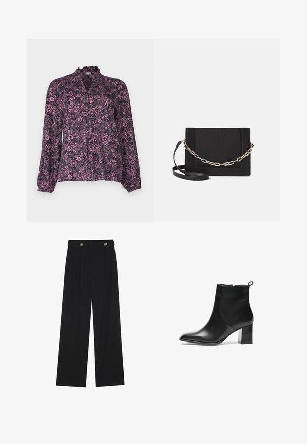 Gėlių bliuska tamsiai mėlynos ir rožinės spalvų, turinti volangų apykaklę, mygtukų uždarymą ir ilgus, raukšlėtus, laisvo kirpimo rankovės.; Juodi plačios kojos kelnės su aukštu liemeniu, sagų detalėmis ant liemens ir priekinėmis raukšlėmis.; Juodos odinės aulinės botai su apvalia nosimi, vidutinio aukščio blokuotais kulnais ir kilpeliu gale. Lygi tekstūra, minimalistinis dizainas.; Juodas odinis per petį nešiojamas krepšys turi lygų paviršių, stačiakampio formą ir metalinę grandinėlę priekyje. Pridedama reguliuojama dirželis.