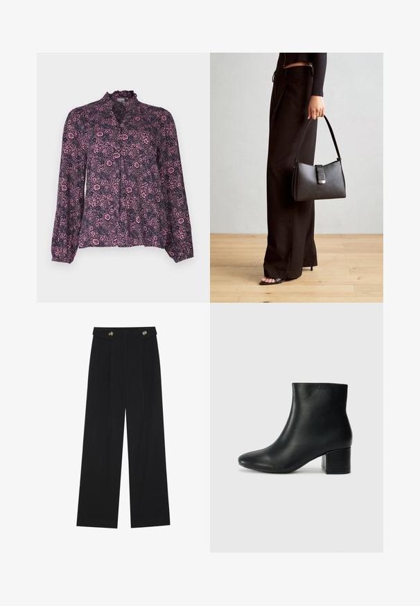 Blommig blus i marinblå och rosa nyanser, med en volangkrage, knappstängning och långa, samlade ärmar med en lös passform.; Svarta vida byxor med hög midja, knäppdetaljer i midjan och framfickor.; Svarta läderankelstövlar med spetsig tå och kraftig klack. Slät textur med minimala accenter och en stilren, åtsittande design.; Svart handväska med strukturerad form, slät yta och metallspänne. Matchad med vida svarta byxor och sandaler med öppen tå på trägolv.