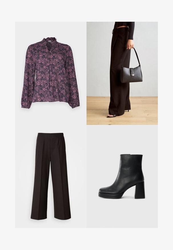 Λουλουδάτη μπλούζα σε ναυτικό και ροζ αποχρώσεις, με ρυλασμένο γιακά, κουμπί κλεισίματος και μακριά, gathered μανίκια με χαλαρή εφαρμογή.; Μαύρες παντελόνες με φαρδιά πόδια, επίπεδο μπροστινό μέρος, πτυχώσεις και λεία υφή υφάσματος. Διαθέτουν ψηλή μέση και κομψή γραμμή για σφιχτή εφαρμογή.; Μαύρη δερμάτινη μποτάκι στον αστράγαλο με τετράγωνο τακούνι και πλατφόρμα, απεικονισμένο από το πλάι σε λευκό φόντο.; Μαύρη τσάντα χειρός με δομημένο σχήμα, λεία υφή και μεταλλικό κούμπωμα. Συνδυασμένη με φαρδιά μαύρα παντελόνια και σανδάλια ανοιχτής μύτης πάνω σε ξύλινο πάτωμα.