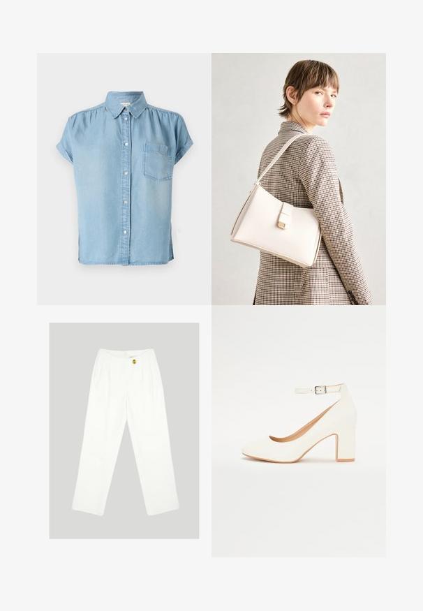 Svetlo modrá džínová košeľa s krátkym rukávom, zapínanie na gombíky vpredu, golier a ľavá náprsní vrecko. Mäkka textúra a mierne uvoľnený strih.; Biele nohavice s širokými nohavicami vyrobené z hladkej tkaniny. Majú jediné zapínanie na žltý gombík a plisovaný predný dizajn. Žiadne viditeľné vrecká.; Biele lodičky na vysokom podpätku s špicatou špičkou, blokovým podpätkom a remienkom okolo členka. Hladký povrch s jemným leskom a béžovým vnútorným podšíváním.; Biely kožený kabelka so štruktúrovaným dizajnom, s magnetickým uzáverom a ramenným popruhom, vystavená na neutrálnom pozadí.