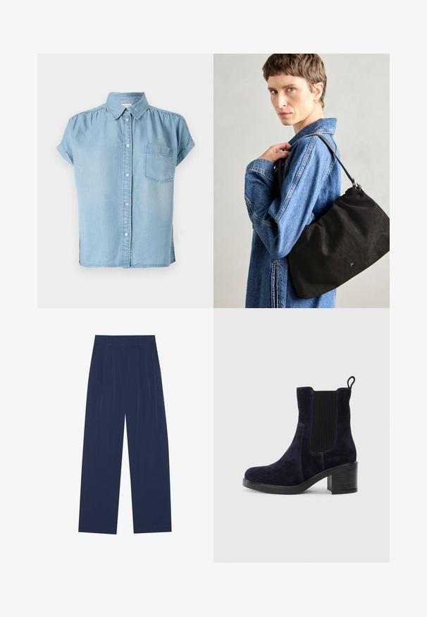 Light blue short-sleeve denim shirt with a button-up front, collar, and a left chest pocket. Soft texture and slightly relaxed fit.; Navy blue wide-leg pants made of soft fabric, featuring front pleats, a smooth texture, and a straight fit with no visible pockets.; Navy blue suede ankle boot with elastic side panel, rounded toe, and block heel. Textured fabric and smooth sole add contrast.; Black suede handbag with a soft, structured shape, featuring a slim leather strap and subtle brand logo. Model wears a denim jacket.