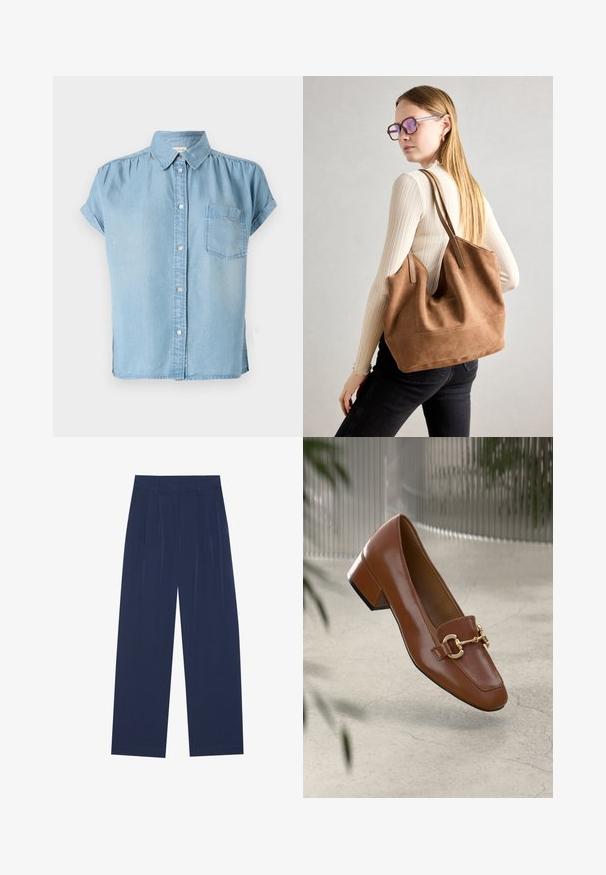 Šviesiai mėlynas džinsinis marškinėliai trumpomis rankovėmis su mygtukų užsegimu, apykakle ir kairėje krūtinės pusėje kišene. Minkšta tekstūra ir šiek tiek laisvas kirpimas.; Tamsiai mėlynos plačios kelnės, pagamintos iš minkštos medžiagos, su priekiniu raukiniu, lygiu paviršiumi ir tiesiu siluetu be matomų kišenių.; Rudi lakinės odos loafer'iai su kvadrato formos nosimi, metalinėmis grandinėlių detalėmis ir žemu blokiniu kulnu; sklandus tekstūra, minimalistinis dizainas.; Ruda zomšos rankinė su minkšta tekstūra, dideliu atidarymu ir ilgomis diržais. Pasižymi paprastu dizainu, matomomis siūlėmis ir be aksesuarų.