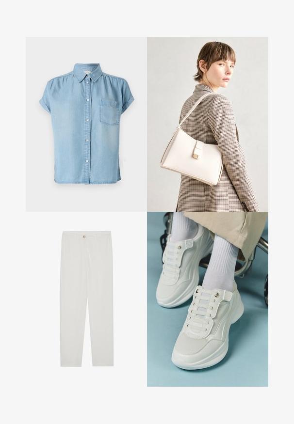 Light blue short-sleeve denim shirt with a button-up front, collar, and a left chest pocket. Soft texture and slightly relaxed fit.; White, tailored trousers with a straight leg design, featuring a button closure, belt loops, and side pockets; smooth fabric texture.; White sneakers featuring a mesh material, rubber sole, lace-free design with elastic bands, and gold-toned accents.; White leather handbag with a structured design, featuring a magnetic clasp and a shoulder strap, showcased against a neutral background.
