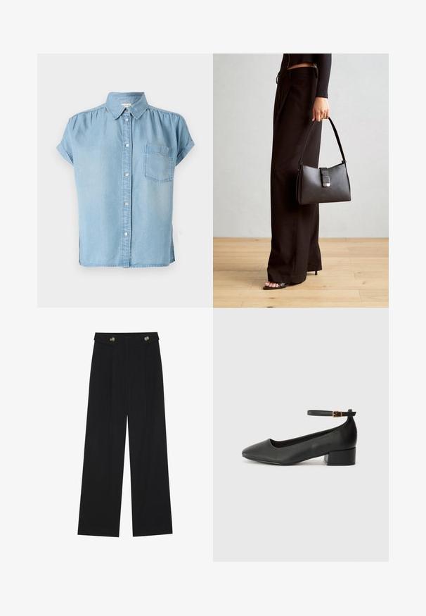 Lyseblå kortermet denimskjorte med knappestolpe foran, krage og lomme på venstre bryst. Myk tekstur og litt avslappet passform.; Svart vide bukser med høy midje, knappdetaljer på midjebåndet og frontplisser.; Sorte skinnpumper med spiss tå og lav blokkhelt. Har ankelrem med gullfarget spenne. Glatt tekstur.; Svart håndveske med strukturert form, jevn tekstur og metallisk lås. Kombinert med brede svarte bukser og sandaler med åpen tå på tregulv.
