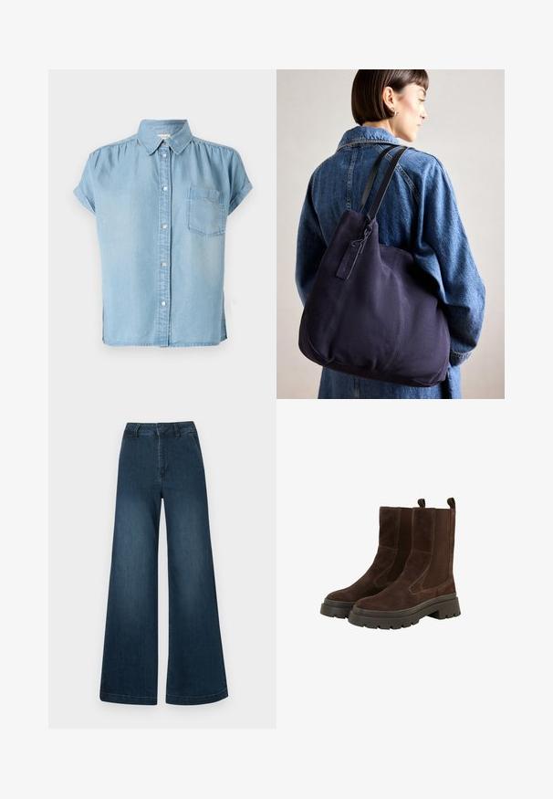 Svijetloplava traper košulja kratkih rukava s dugmadi na prednjem dijelu, ovratnikom i lijevim džepom na prsima. Mekana tekstura i blago opušteni kroj.; Temno modri visoki pas široke nogavice iz denima z sprednjimi žepi in zankami za pas na belem ozadju.; Rjave ante ankle čizme z elastikami na strane, zaobljenimi konicami in debelimi gumijastimi podplati. Šivi izboljšujejo obliko.; Modra platnena torba za ramo s meko, strukturirano obliko, opremljena s črnim trakom, šivanjem in majhno oznako blagovne znamke.