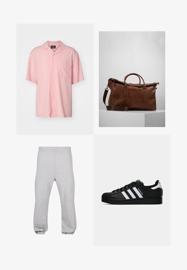 Camicia button-up rosa a maniche corte con strisce verticali bianche, colletto e una tasca sul petto. Realizzata in tessuto leggero.; T-shirt a maniche lunghe in camouflage verde, marrone e beige con colletto rotondo. Presenta un motivo misto di macchie e texture irregolari.; Pantaloni della tuta grigi realizzati in misto cotone, dotati di una vita elasticizzata, gambe affusolate e orli a costine. Design semplice senza motivi.; Sneaker nera Adidas Superstar con strisce bianche, punta a conchiglia e testo "Superstar" su un lato, mostrata in profilo laterale su sfondo bianco.; Borsa da viaggio in pelle marrone con chiusura a zip, doppie maniglie, tracolla regolabile e motivi di texture visibili sulla superficie.