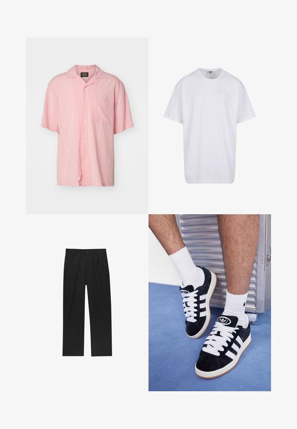 Vaaleanpunainen, lyhythihainen nappipaita, jossa on valkoisia pystyraitoja, kaulus ja yksi rintatasku. Valmistettu kevyestä kankaasta.; Valkoinen puuvillainen t-paita, jossa on lyhyet hihat, pyöreä kaula-aukko, rento istuvuus ja ei näkyviä logoja tai kuvioita. Sileä pinta ja minimaalinen muotoilu.; Mustat housut suoranlahkeisella muotoilulla, valmistettu sileästä kankaasta. Ominaisuuksiin kuuluu etupleateet ja yksi nappikiinnitys vyötäröllä.; Mustat mokkasneakersit, joissa on valkoiset nauhat ja kolme valkoista raitaa. Kengissä on ympyrän muotoinen musta logo kielen päällä ja kuminen pohja.