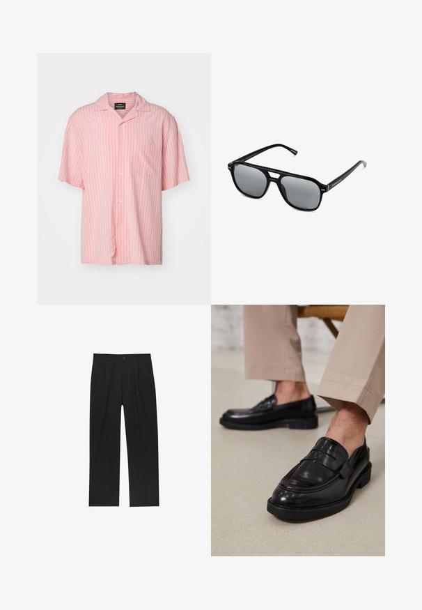 Lyserød kortærmet skjorte med knapper, der har hvide lodrette striber, en krave og en enkelt brystlomme. Lavet af letvægtsstof.; Hvide bomulds tanktoppe, ærmeløs design, rund hals, ensartet tekstur, med et blødt, let stof. To stykker vist.; Sorte bukser med lige ben, lavet af et glat stof. Har frontfolder og en enkelt knaplukning i taljen.; Sorte lædermokkasiner med en glat overflade, der har en dekorativ rem og kontraststing, parret med beige bukser.; Sorte solbriller med rektangulære rammer, gråt tonede linser og en broudskæring design. Slankt, glat plastmateriale med smalle stænger.