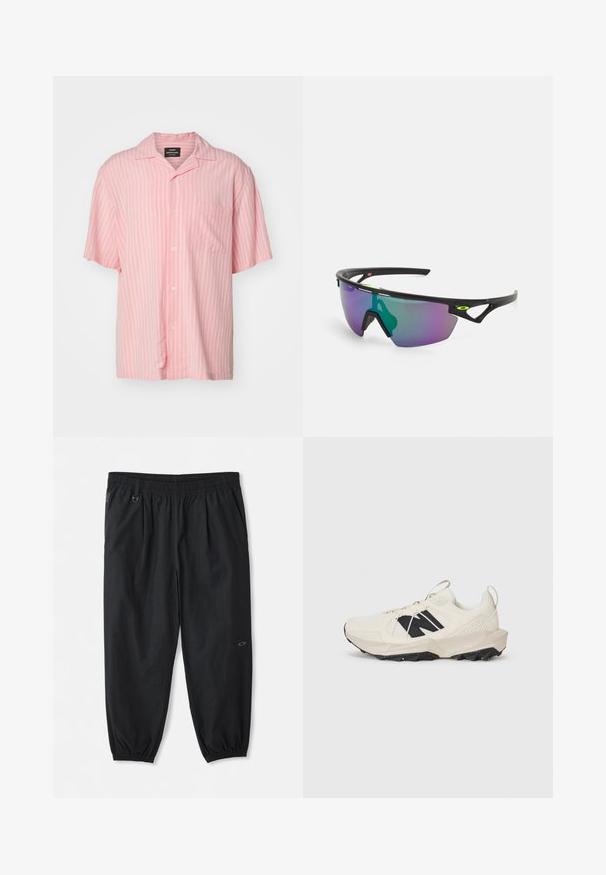 Rozā, īsām piedurknēm krekliņš ar pogām, kuram ir baltas vertikālas svītras, apkakle un viena krūšu kabata. Izgatavots no viegla auduma.; Melni ikdienas bikses ar elastīgu jostasvietu, sānu kabatām, potīšu elastīgiem galiem un mazu logo labajā augšstilbā.; Gaiši bežs sneaker ar tīkla augšdaļu, melnu logotipu un teksturētu zoli. Akcentēts ar ģeometrisku rakstu uz vidus zoles.; Sporta saulesbrilles ar melnu rāmi, lielu gradientu lēcu, kurā ir purpura un zaļas nokrāsas, kā arī leņķainas formas akcenti ar logotipa detaļu.