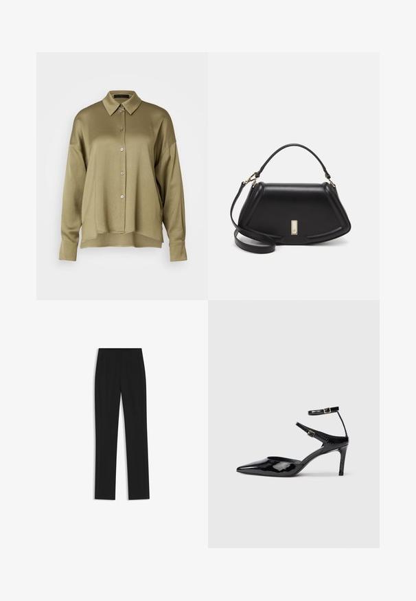 DRYKORN CLOELIA - Button-down blouse - green; Black tailored trousers with a straight-leg design, featuring front pockets and a smooth, textured fabric. Neat, minimal detailing.; Black patent leather heels with a pointed toe, adjustable ankle straps, and a slender heel. Smooth texture with a shiny finish.; Black leather handbag with a structured design, featuring a cropped shape, top handle, and gold hardware accent. Adjustable shoulder strap included.