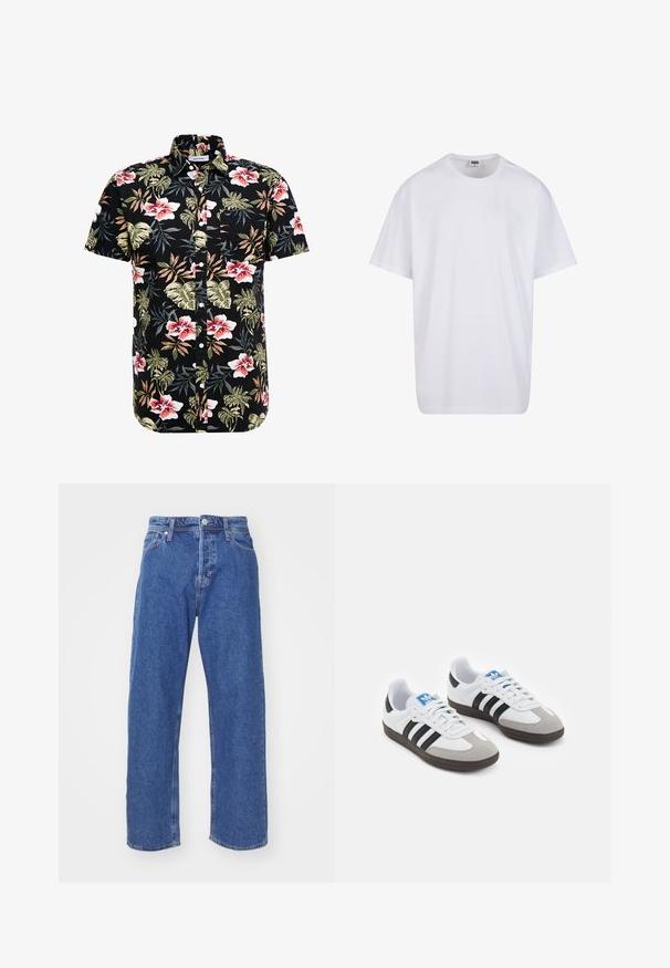 Schwarz kurzärmliges Hemd mit einem lebhaften Blumenmuster in Rot, Pink und Grün, ausgestattet mit einem Button-Down-Kragen und einer Brusttasche.; Weiße Baumwoll-T-Shirt mit kurzen Ärmeln, rundem Ausschnitt, lockerer Passform und ohne sichtbare Logos oder Muster. Glatte Textur und minimalistisches Design.; Blaue Denim-Jeans mit geradem Beinschnitt, ausgestattet mit einem Knopf- und Reißverschluss, im Fünf-Taschen-Stil und minimalen Steppnähten.; Sportschuhe mit einem Obermaterial aus weißem Leder, grauer Wildleder-Zehenkappe und drei schwarzen Streifen. Sie verfügen über ein blaues Logo auf der Zunge und eine strukturierte Gummisohle.