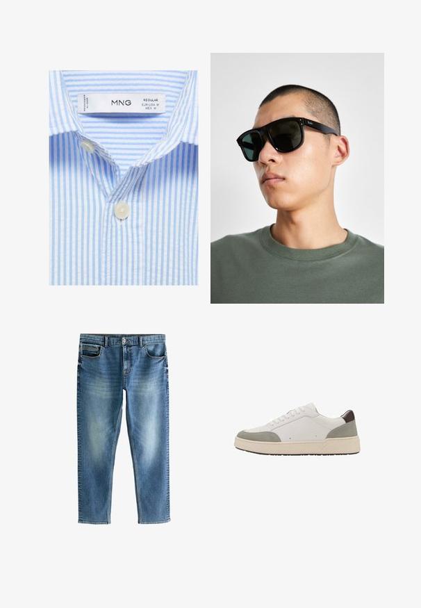 Světle modrá a bílá pruhovaná košile s klasickým límcem, na přední straně má dva bílé knoflíky a štítek s informacemi o velikosti a značce.; Modré džíny z denimu se rovný střihem, pěti kapsami, světlým vyblednutím na nohavicích a kontrastním prošíváním podél švů.; Bílé tenisky s šedou semišovou a tmavě hnědou koženou akcentací. Mají šněrovací design, zaoblenou špičku, silnou bílou gumovou podrážku a minimální prošívání.; Černé obdélníkové sluneční brýle s tmavými skly, které mají charakteristický tvar a logo na straně. Nosí je osoba v zelené košili.