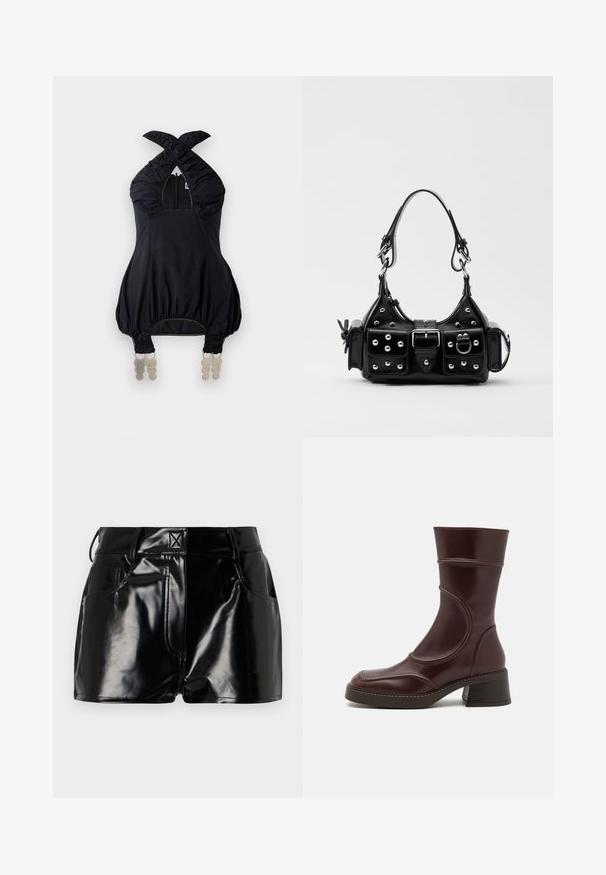 Črna top bluzica s halter izrezom, nabrano blago, kvadratnim izrezom na vratu in elastičnimi detajli. Ima sprednji zadrgo in edinstveno dekorativno kovinsko opremo na robu.; Črne, sijoče kratke hlače iz sintetičnega materiala. Imajo prilegajoč pas, zanke za pas in sprednje žepe z izrazitimi šivi.; MIISTA MALENE - Klasični gležnjarji - brown; Črna usnjena torbica s ukrivljenim dizajnom, ki vsebuje srebrne žebljičke, zaponko in dve stranski žepki. Nastavljiv trak za različne možnosti nošenja.