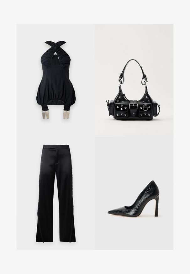 Černý top na zavazování kolem krku s nabranou látkou, čtvercovým výstřihem a elastickými akcenty. Obsahuje přední zip a jedinečné dekorativní prvky na lemu.; Černé saténové kalhoty s širokými nohavicemi, s třásněmi podél bočních švů a plochým pasem. Hladký zadní díl bez kapes.; Černý lodičkový bot s špičatou špičkou, pokrytý texturou krokodýlí kůže, s elegantním designem, vysokým stiletto podpatkem a hladkým černým interiérem.; Černá kožená kabelka s křivkovým designem, zdobená stříbrnými hřebíky, s přezkou a dvěma bočními kapsami. Nastavitelný popruh pro různé možnosti nošení.