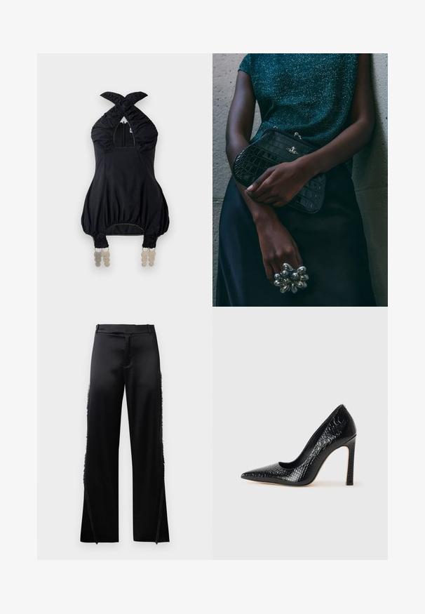 Zwarte haltertop met geplooid materiaal, vierkante halslijn en elastische accenten. Heeft een rits aan de voorkant en unieke decoratieve hardware aan de zoom.; Zwarte satijnen broek met brede pijpen, voorzien van franjes langs de zijnaden en een platte tailleband aan de voorkant. Eenvoudige achterkant zonder zakken.; Zwarte puntige hoge hak schoen met een krokodillenleren textuur, met een slank ontwerp, hoge stiletto-hak, en een gladde zwarte binnenkant.; Zwarte clutch met krokodillenpatroon en zilverkleurige hardware, vastgehouden tegen een gestructureerde grijze achtergrond. Heeft een glanzend oppervlak.
