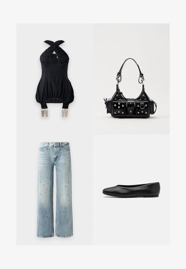 Crna halter majica s nabranim materijalom, kvadratnim izrezom i elastičnim detaljima. Ima prednji patent zatvarač i jedinstveni ukrasni hardver na rubu.; Svijetloplave široke traperice od denima, s gradijentnim efektom boje i ukrasima od srebrnih rhinestona u vertikalnom uzorku.; Paul Smith TOPANGA - Balerinke - black; Crna kožna torba s zakrivljenim dizajnom, koja sadrži srebrne zakovice, kopču i dva bočna džepa. Podesiva traka za različite opcije nošenja.