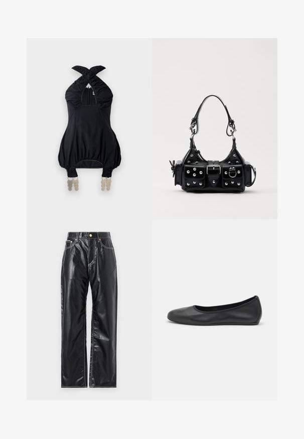 Schwarzes Trägershirt mit gerafftem Stoff, quadratischem Ausschnitt und elastischen Akzenten. Verfügt über einen Reißverschluss vorne und einzigartige dekorative Beschläge am Saum.; Schwarze Kunstlederhosen mit weitem Schnitt, ausgestattet mit weißen Nähten, frontalen Taschen und einem goldenen Knopf am Bund.; Schwarze Leder-Ballettschuhe mit abgerundeter Spitze, glatter Textur, minimalen Nähdetails und einem flexiblen Sohlen-Design.; Schwarze Lederhandtasche mit einem geschwungenen Design, verziert mit silbernen Nieten, einer Schnalle und zwei seitlichen Taschen. Verstellbarer Träger für verschiedene Tragemöglichkeiten.