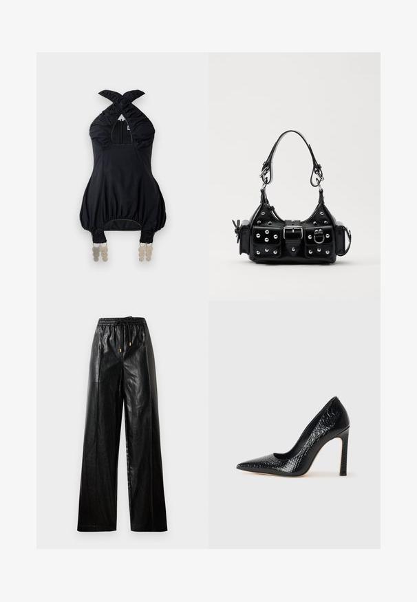 Černý top na zavazování kolem krku s nabranou látkou, čtvercovým výstřihem a elastickými akcenty. Obsahuje přední zip a jedinečné dekorativní prvky na lemu.; Černé kožené kalhoty širokého střihu s elastickým pasem, stahovací šňůrkou a zlatými kovovými detaily. Hladká textura a volný střih.; Černý lodičkový bot s špičatou špičkou, pokrytý texturou krokodýlí kůže, s elegantním designem, vysokým stiletto podpatkem a hladkým černým interiérem.; Černá kožená kabelka s křivkovým designem, zdobená stříbrnými hřebíky, s přezkou a dvěma bočními kapsami. Nastavitelný popruh pro různé možnosti nošení.