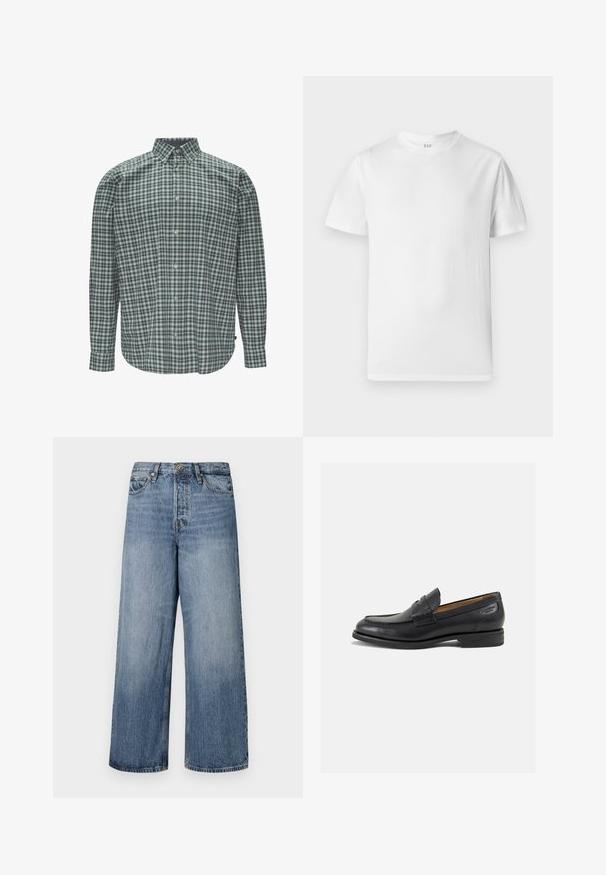 Langsleeve knopshirt in een groen en marineblauw geruit patroon. Beschikt over een klassieke kraag en een ronde zoom. Katoenen stof.; Witte T-shirt met korte mouwen van zacht katoen. Heeft een ronde halslijn en een rechte zoom met minimale details.; Wijde blauwe denim jeans met een vervaagde was, vijf zakken en een knoopsluiting. Voorzien van riemlussen en gestikte details.; Zwarte leren loafers met een gladde afwerking, ronde neus en decoratieve stiksels op de wreef. Lage gestapelde hak en een lichte glans.