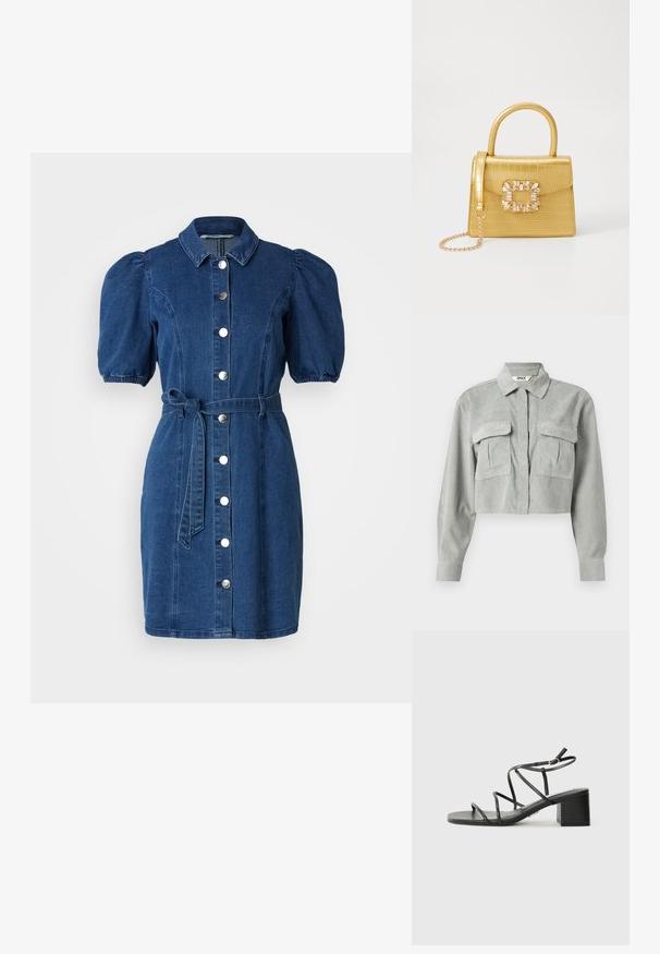 Zkrácená šedá manšestrová košile s dlouhými rukávy, dvěma náprsními kapsami a špičatým límcem. Tkanina má jemný texturovaný vzor.; Džínové šaty v tmavě modré barvě s krátkými vykrouženými rukávy, límečkem, zapínáním na knoflíky vpředu a páskem s mašlí v oblasti pasu. Hladká textura.; Černé sandály na podpatku se čtveratou špičkou a masivním podpatkem, vyrobené z hladkého materiálu. Mají nastavitelné pásky kolem kotníků a minimální kovové prvky.; Žlutá kabelka z umělé krokodýlí kůže se strukturovaným designem, horním uchopem, odnímatelným řetízkovým popruhem a dekoračním krystalovým zdobením na zapínání.