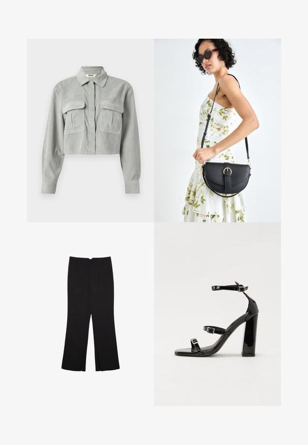 Kratka siva kordna srajca z dolgimi rokavi, dvema žepekoma na prsih in koničastim ovratnikom. Tkanina ima subtilen teksturiran vzorec.; Črne hlače ravnega kroja z naglavnimi žepi in stranskimi razporki na robu. Narejene iz mehke, gladke tkanine. Primerne za različne priložnosti.; Črne lakaste sandale z visokimi petami, z dvema trakovoma z zaponkama, kvadratnim sprednjim delom in masivno širšo peto, z gladko, sijočo teksturo.; Črna usnjena torbica s ukrivljeno obliko, z odstranljivo naramnico in zlatimi dodatki. Torbica ima pokrov s podrobnostmi v obliki zaponke.