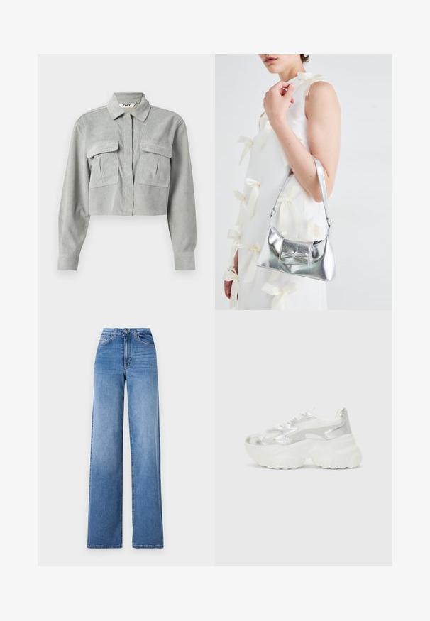 Beskyttende grå kordfløyelskjorte med lange ermer, to brystlommer og spiss krage. Stoffet har et subtilt teksturert mønster.; Lyseblå vidjeans laget av denim, med høy midje, frontlommer og standard knappefeste. Jevn tekstur.; Sølv sneakers med en teksturert mesh-overdel og iriserende aksenter, med en kraftig hvit såle og snørelukking.; Sølvmetallisk håndveske med en strukturert form, med en topphåndtak og sløyfedetalj foran. Glatt tekstur, reflekterende overflate.