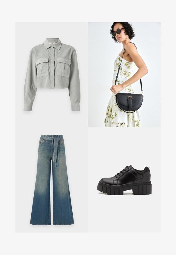 Izgriezta pelēka korduroja krekls ar garām piedurknēm, divām krūšu kabatām un norādītu apkakli. Audumam ir smalka teksturēta raksts.; Platām kājām džinsu bikses ar gaismas līdz tumši zilam gradientam, augstu jostas līniju, jostas cilpām un atbilstošu auduma jostu. Tekstūrēts džinsas apdare.; Melnas ādas platformas kurpes ar masīvu bloku papēdi, apaļu purngalu un tradicionālu saistīšanas dizainu. Izceļas ar gludu tekstūru un minimālu apdari.; Melnas ādas rokassoma ar izliekta formu, noņemamu siksnu un zelta aksesuāriem. Somai ir vāciņš ar sprādzes detaļu.