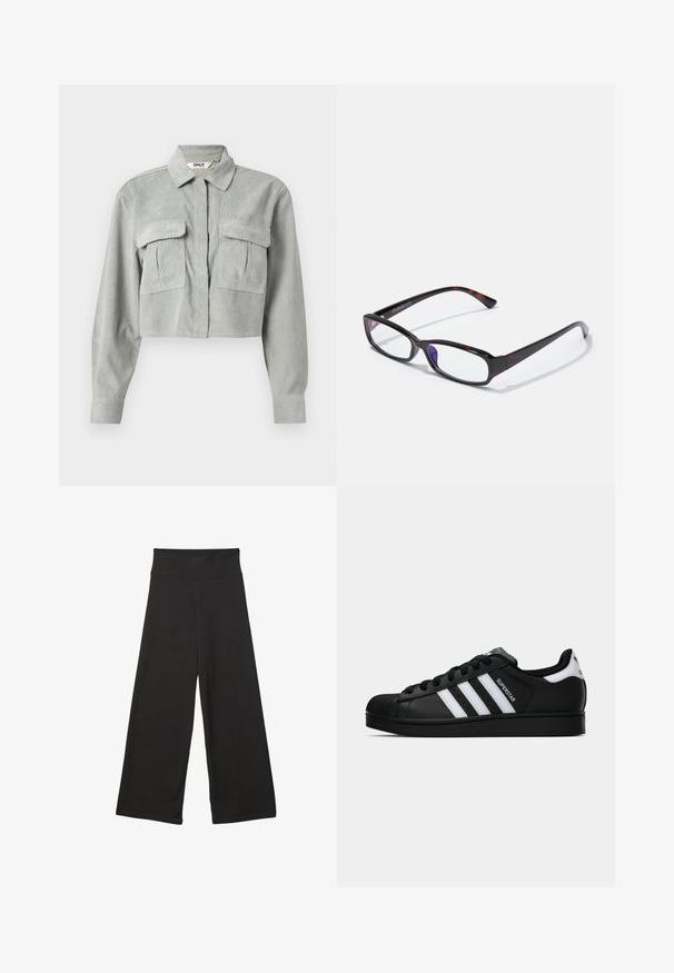 Camicia in corda grigia tagliata, con maniche lunghe, due tasche sul petto e un colletto a punta. Il tessuto presenta un motivo testurizzato sottile.; Pantaloni neri a gamba larga con vita elastica alta, in tessuto morbido e vestibilità ampia, adatti per l'abbigliamento casual o ambienti rilassati.; Sneaker nera Adidas Superstar con strisce bianche, punta a conchiglia e testo "Superstar" su un lato, mostrata in profilo laterale su sfondo bianco.; Occhiali rettangolari con motivo tartaruga, montatura in plastica nera e lenti trasparenti. Caratterizzati da stanghette sottili e una leggera curvatura alle estremità.