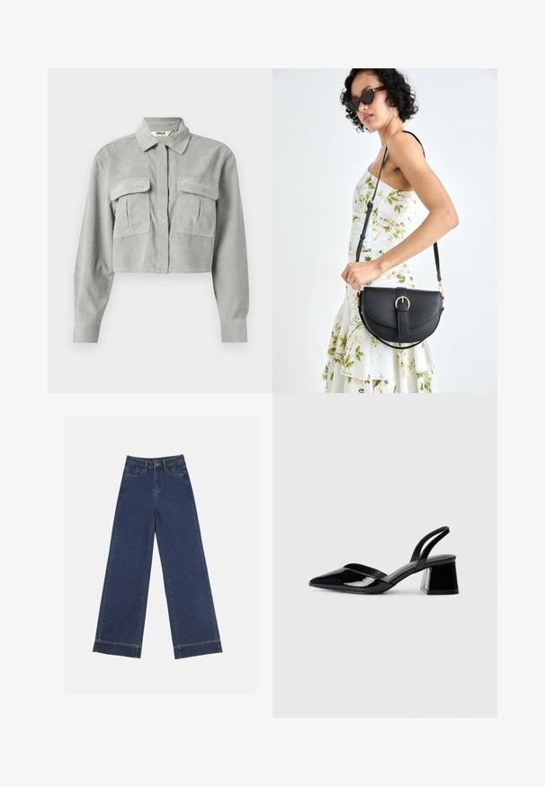 Przycięta szara koszula z sztruksu z długimi rękawami, dwiema kieszeniami na piersi i spiczastym kołnierzykiem. Tkanina ma subtelny wzór teksturowy.; Jeans o szerokich nogawkach w ciemnoniebieskim dżinsie. Posiada pięć kieszeni, szlufki na pasek oraz surowy dół z widocznymi detalami szwów.; Czarne lakierowane półbuty na obcasie z wydłużonym noskiem i geometrycznym słupkiem. Charakteryzują się eleganckim, minimalistycznym designem oraz gładką fakturą.; Czarna skórzana torebka o zakrzywionym kształcie, z odpinanym paskiem i złotymi akcentami. Torebka posiada klapę z zapięciem w kształcie klamry.