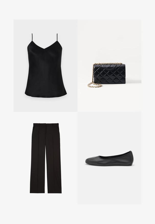 Black satin cami top with adjustable thin straps, V-neck design, and a smooth, draping fit. Hems gently curve at the sides.; Black tailored trousers made of a smooth fabric, featuring a straight-leg design, and two side pockets. Elegant and minimalistic construction.; Black leather ballet flat with a rounded toe, smooth texture, minimal stitching detail, and a flexible sole design.; Black quilted leather handbag with a gold chain strap, featuring a logo accent on the front and a rectangular shape.