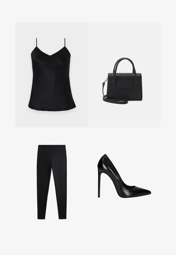 Zwarte satijnen camisole met verstelbare dunne bandjes, V-halsontwerp en een gladde, vloeiende pasvorm. De zomen lopen zachtjes rond aan de zijkanten.; Zwarte leggings van gladde, rekbare stof. Voorzien van een brede tailleband en een taps toelopend pootdesign, geschikt voor actieve of casual kleding.; Zwarte leren hoge hak met een puntige neus en een gladde textuur. Heeft een slanke silhuette en een stiletto hak.; Zwarte gestructureerde handtas van leer met een bovenhandvat, een afneembare schouderriem en een voorflapdetail. Gouden hardwareaccenten.
