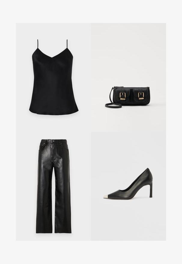 Top en satin noir à fines bretelles réglables, décolleté en V et coupe fluide et drapée. Les ourlets s'arrondissent délicatement sur les côtés.; Pantalon large en cuir noir avec une finition brillante, doté de poches avant, d'une braguette zippée et d'une fermeture par bouton. Texture lisse sur toute la surface.; Chaussure à talon haut en cuir noir avec bout pointu et capuchon argenté métallique. Présente une finition lisse et un talon fin de 10 cm.; Sac en cuir noir porté en travers avec deux poches avant, boucles dorées, fermeture zippée et une sangle fine. Surface texturée et forme rectangulaire compacte.