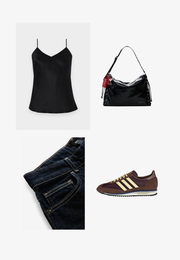 Black satin cami top with adjustable thin straps, V-neck design, and a smooth, draping fit. Hems gently curve at the sides.; Dark blue denim jeans with contrasting orange stitching, featuring a front pocket, rivet detail, and a smooth texture.; Brown and burgundy sneaker with suede and mesh materials, featuring three cream stripes, textured fabric on the tongue, and a rubber sole.; Black leather handbag with a slouchy design, lace-up detailing on the sides, and a red accent tag. Features a long adjustable strap.