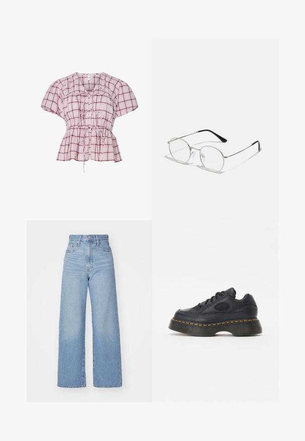Peplumblus med korta ärmar i ljusrosa och vit rutigt mönster. Har en knytning framtill, draperingar vid midjan och mjukt bomullsmaterial.; Ljusblå högmidjade vida jeans med knapp- och dragkedjestängning, fram- och bakfickor, mot en vit bakgrund.; Svart lädersneaker med texturerad yta, rund tå och tjock plattformssula. Har gula kontrastsömmar och ett varumärkeslogotyp på sidan.; Runda metallglasögon med en smal silverram, klara linser och svarta skalmar med gummitips för komfort. Minimalistisk design.