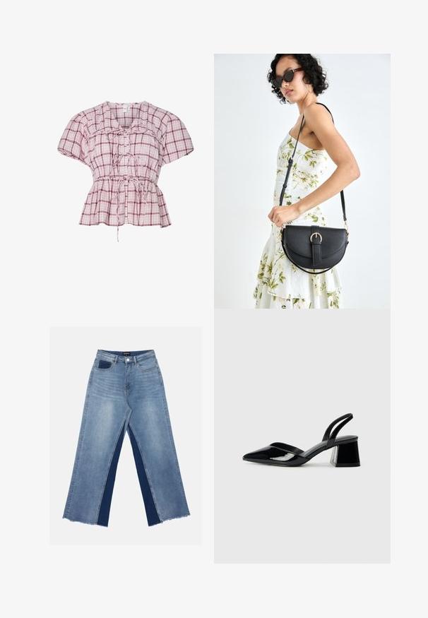 Šviesiai rožinė ir balta languota peplum tipo bliuska su trumpomis rankovėmis. Su kaklo raišteliu, susiraukšlėjimais liemens srityje ir minkšta medvilne.; Šviesiai mėlynos plačiakančios džinsai su kontrastingais tamsiai mėlynais įdėklais, suplėšytais kraštais ir standartine liemeniu su metaliniu užsegimu.; Juodos lakuotos odinės šlepetės su smailiu pirštu ir geometriniu bloko kulnu. Turi elegantišką, minimalistinį dizainą ir lygų paviršių.; Juodas odinis krepšys su išlenkta forma, nuimamu dirželiu ir auksiniais detalėmis. Krepšys turi kilpą su sagtimi.