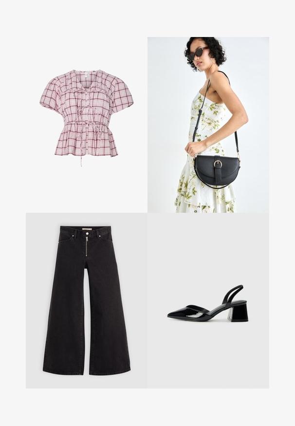 Peplum blouse with short sleeves in light pink and white plaid pattern. Features a tie front, gathers at the waist, and soft cotton material.; Wide-leg jeans in black denim with a zippered front, five-pocket design, and subtle stitching details. Smooth texture and casual style.; Black patent leather slingback heels with a pointed toe and a geometric block heel. Features a sleek, minimal design and smooth texture.; Black leather handbag with a curved shape, detachable strap, and gold hardware. The bag features a flap with a buckle detail.