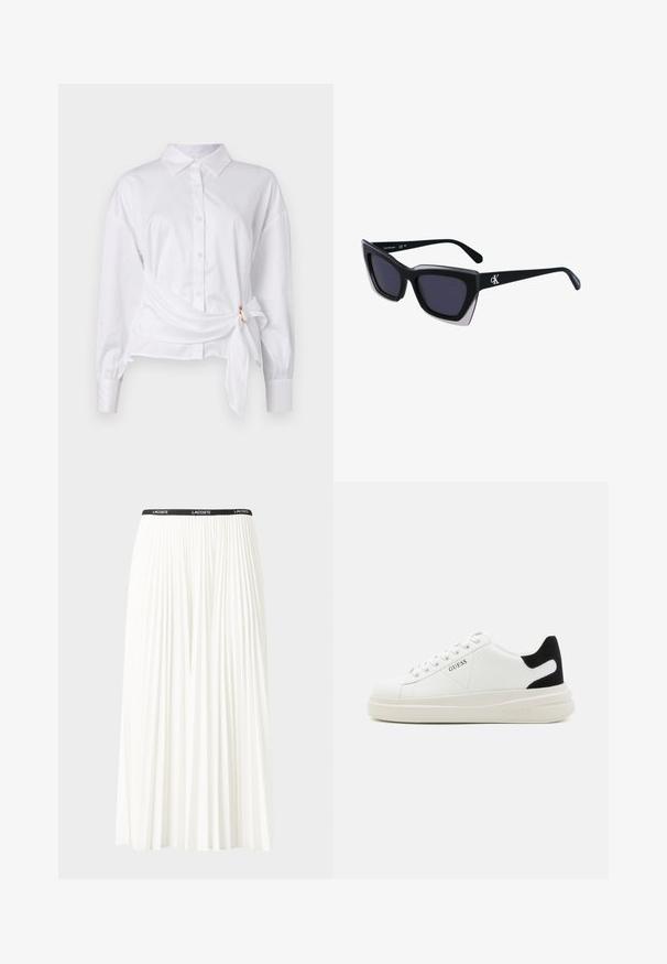 Weißes Hemd mit langen Ärmeln, das ein Wickeldesign und einen Bindegürtel in der Taille aufweist, aus leichtem Baumwollstoff.; Faltenrock aus Weiß mit einem schwarzen elastischen Bund, der das "LACOSTE"-Logo trägt. Mittellanges Design mit weicher Textur.; Weiße Leder-Sneaker mit einer dicken weißen Sohle, schwarzem Wildlederakzent an der Ferse und geprägtem Logo an der Seite. Schnürdesign mit sechs Ösen.; Schwarze übergroße Sonnenbrille mit geometrischer Form, ausgestattet mit dunklen Gläsern und einem kontrastierenden grauen Detail im Rahmen. Logo am Bügel.
