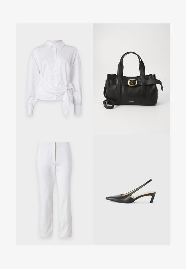 Camisa blanca de botones con manga larga, que presenta un diseño envolvente y detalle de lazo en la cintura, confeccionada en una ligera tela de algodón.; Pantalones de algodón blancos con un diseño de pierna recta, que cuentan con una cintura de media altura y sin herrajes o patrones visibles. Textura suave en todo su recorrido.; Zapato negro de punta afilada tipo slingback con un tacón bajo, que presenta un material de cuero suave y un diseño recortado en el lateral para mayor transpirabilidad.; Bolso de cuero negro con un diseño estructurado, doble mango superior, detalle de hebilla en tono dorado y logo de la marca grabado en la parte frontal.