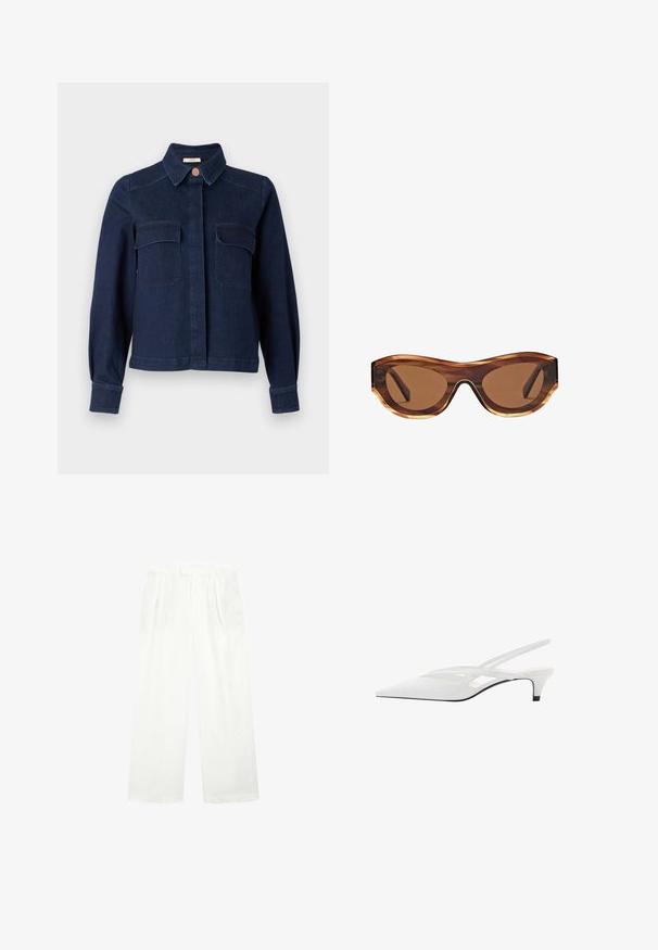 Giacca di jeans blu navy con colletto a punta, due tasche frontali e chiusura con bottoni. Caratterizzata da maniche lunghe e una vestibilità strutturata.; Pantaloni bianchi a gamba larga realizzati in un tessuto leggero, con una parte anteriore piatta, pieghe e una cintura, che offrono una vestibilità ampia e ariosa.; Décolleté bianco con punta affilata, caratterizzato da una tomaia liscia, sottili aperture e un tacco a blocco basso. La suola nera esalta il design.; Occhiali da sole con montatura tartarugata, lenti marroni sfumate e una forma elegante cat-eye. Realizzati in plastica leggera con finitura lucida.; Borsa a mano in pelle marrone con una finitura testurizzata, dotata di un gancio in metallo dorato e di una singola tracolla curva.