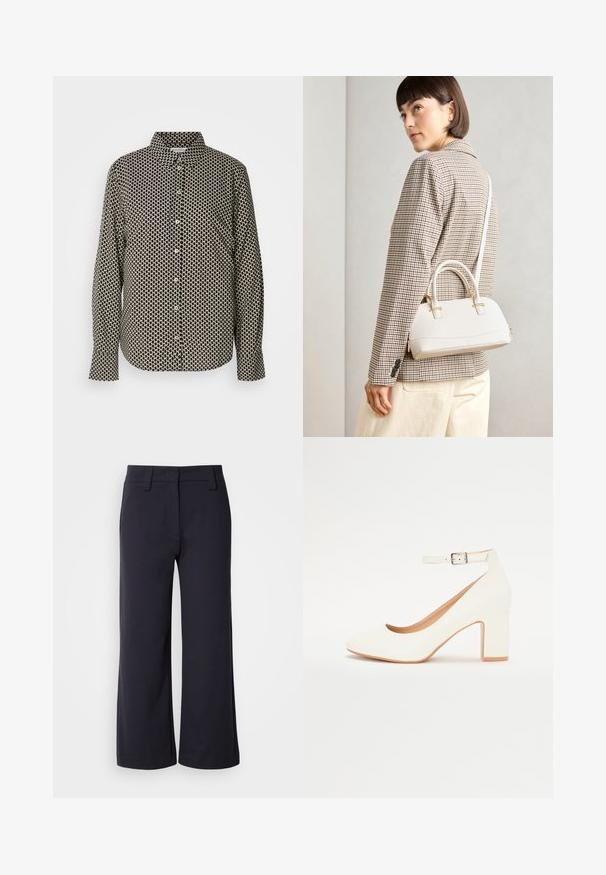 Marc O'Polo CASUAL FIT KENT COLLAR PRINT - Button-down blouse - black white; Wide-leg trousers in dark navy fabric. Features a flat front, belt loops, and side pockets. The material is smooth with a slight stretch.; White high-heeled shoe with a pointed toe, block heel, and ankle strap. Smooth finish with a subtle shine and beige inner lining.; White structured handbag with short handles and a shoulder strap, featuring gold hardware accents and textured material, displayed against a grey background.