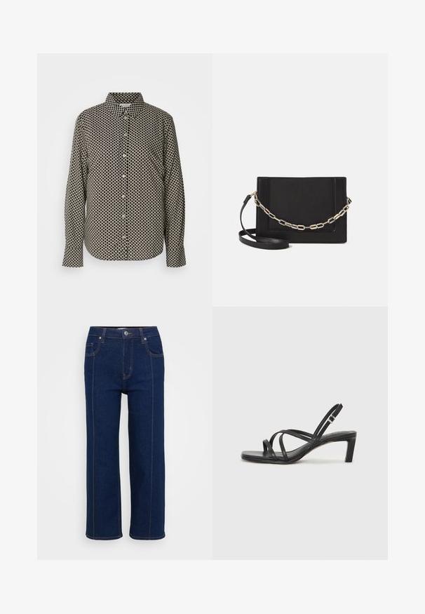 Marc O'Polo CASUAL FIT KENT COLLAR PRINT - Button-down blouse - black white; Dark blue straight-leg jeans with button closure, front and back pockets, and visible orange stitching along seams.; Black strappy sandal with a square toe and a low block heel. Features multiple thin straps and an adjustable ankle strap. Made of smooth leather.; Black leather crossbody bag featuring a smooth texture, rectangular shape, and a metallic chain detail on the front. Adjustable strap included.; Silver double-band ring with a smooth, polished surface. Features a fluid, curved design with overlapping sections for a modern look.