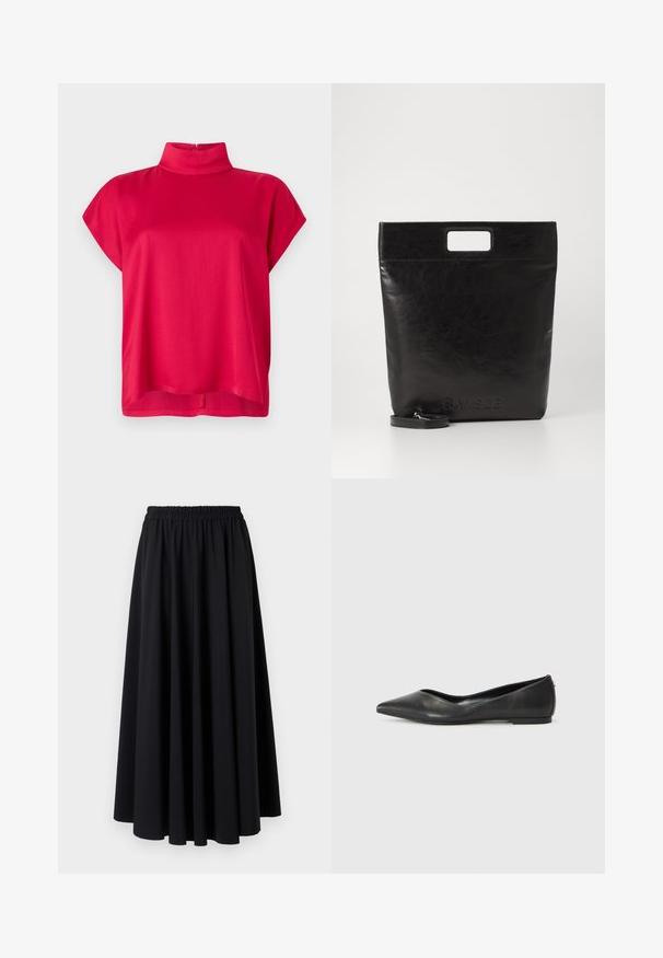 Rotes Kurzarmoberteil mit hohem Hals, aus glattem Stoff gefertigt. Es hat eine lockere Passform und einen Reißverschluss auf der Rückseite. Einfaches Design ohne Muster.; Schwarzer, bodenlanger Rock aus weichem Stoff mit breitem, gerafftelastischem Bund und glattem, fließendem Design. Keine Muster oder Akzente.; Schwarze Leder-Ballerinas mit spitzem Zehenbereich, niedrigem Absatz und glatter Textur. Minimalistisches Design mit einem dezenten seitlichen Akzent.; Schwarze Leder-Tote-Tasche mit einem quadratischen Griff, ausgestattet mit einer strukturierten Oberfläche und geprägtem Logo. Inklusive abnehmbarem Tragegurt.