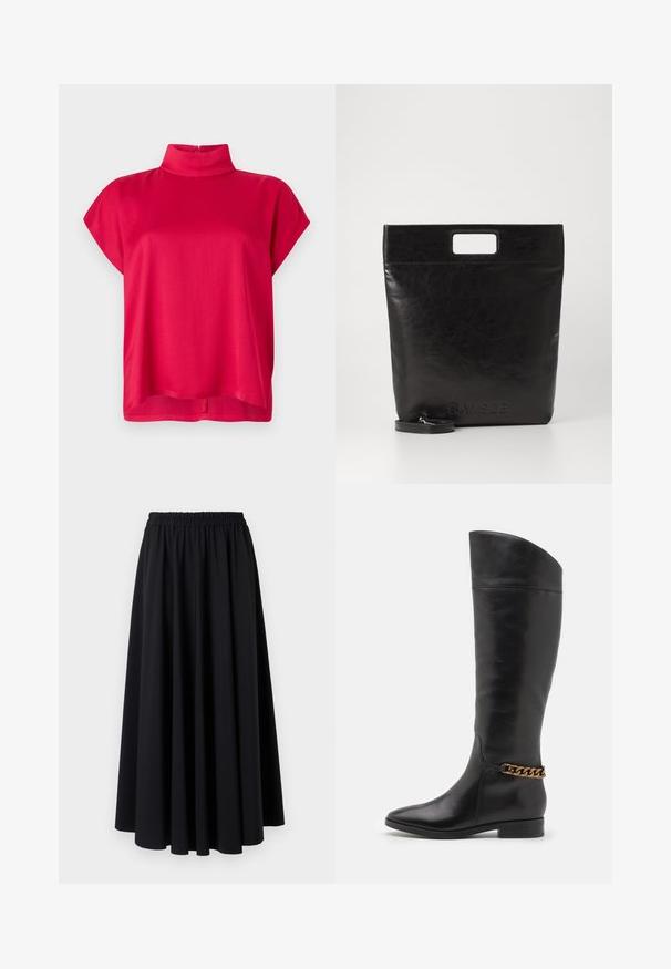 Top rojo de manga corta con cuello alto, hecho de tela suave. Presenta un ajuste relajado y cremallera en la parte posterior. Diseño sencillo sin patrones.; Falda negra, hasta el suelo, hecha de un tejido suave con una amplia cintura elástica fruncida y un diseño liso y fluido. Sin patrones ni acentos.; Botas altas de cuero negro con un diseño elegante, punta afilada y un acento de cadena dorada en el tobillo. Tacón bajo tipo bloque. Textura suave.; Bolsa tote de cuero negro con un asa cuadrada, que presenta un acabado texturizado y un logo en relieve. Incluye una correa desmontable.