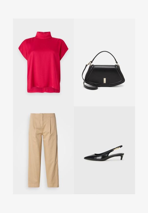 Haut rouge à manches courtes avec un col haut, fabriqué en tissu lisse. Présente une coupe décontractée et une fermeture éclair au dos. Design simple sans motifs.; Pantalons en coton beige à coupe décontractée, avec deux plis à l'avant, une jambe droite et une fermeture à bouton classique à la taille.; Talons hauts en cuir noir avec un bout pointu, dotés d'un talon fin et d'un accent en ton or sur la lanière réglable. Texture lisse.; Sac à main en cuir noir avec un design structuré, featuring une forme cropped, une poignée supérieure et des accents en matériel doré. Bandoulière réglable incluse.