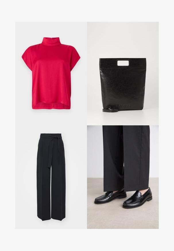 Rotes Kurzarmoberteil mit hohem Hals, aus glattem Stoff gefertigt. Es hat eine lockere Passform und einen Reißverschluss auf der Rückseite. Einfaches Design ohne Muster.; Schwarze weite Hosen aus weichem Stoff. Mit einem Gürteltäfelchen und vorderen Falten. Glatte Textur mit einem klaren, modernen Design.; Schwarze Lederloafers mit glatter Oberfläche, genähten Details um die Zehen und einer niedrigen Gummisohle. Kombiniert mit weiten schwarzen Hosen.; Schwarze Leder-Tote-Tasche mit einem quadratischen Griff, ausgestattet mit einer strukturierten Oberfläche und geprägtem Logo. Inklusive abnehmbarem Tragegurt.